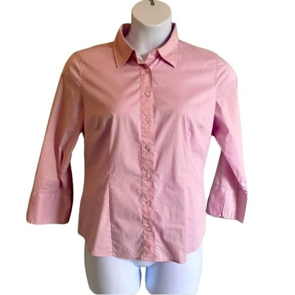 Attention Womens Button Down 3/4 Sleeve Pink Shirt Large